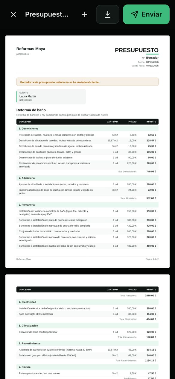 PDF del presupuesto dentro de la app